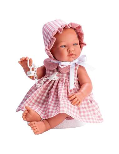 Muñeca Así 43 cm - María con vestido a cuadros rosa con pololo y cuello de gasa rosa 366720